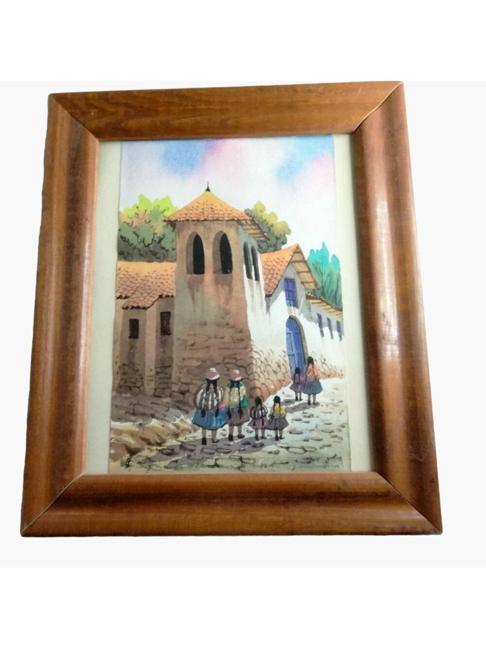 Original Watercolor South American Street Scene Adobe Village Church Framed
